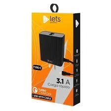 CARGADOR 220V. LETS TIPO C 3.1AMP. (1 USB CON CABLE )