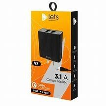 CARGADOR 220V. LETS V8  3.1AMP. (2 USB + CABLE)