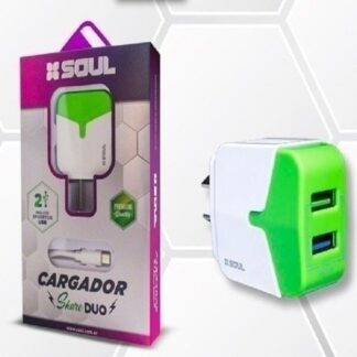 CARGADOR 220V. SOUL SHARE DUO VERDE V8 2.4AMP. (2USB. MAS CABLE)