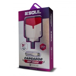 CARGADOR 220V. SOUL FAST CHARGE ROJO V8 3.0 AMP. (3USB MAS CABLE)