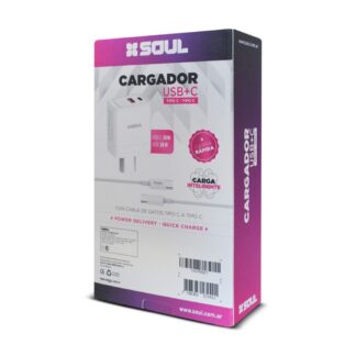CARGADOR 220V SOUL CARGA INTELIGENTE TIPO C A TIPO C (1USB+USB-C )