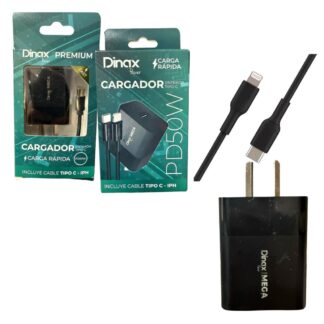 CARGADOR  220V. DINAX 5.1 AMP. PD 50W (USB-C + CABLE TIPO C A IPHONE) (SN1-CAR-5.1-TC)